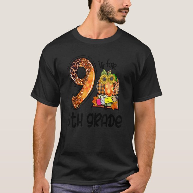 9 Is For 9th Grade Leopard Pumpkin Teacher Fall Th T Shirt (Framsida)