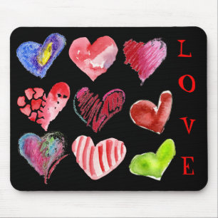 9 kärlekhjärtor på svart Mousepad Musmatta
