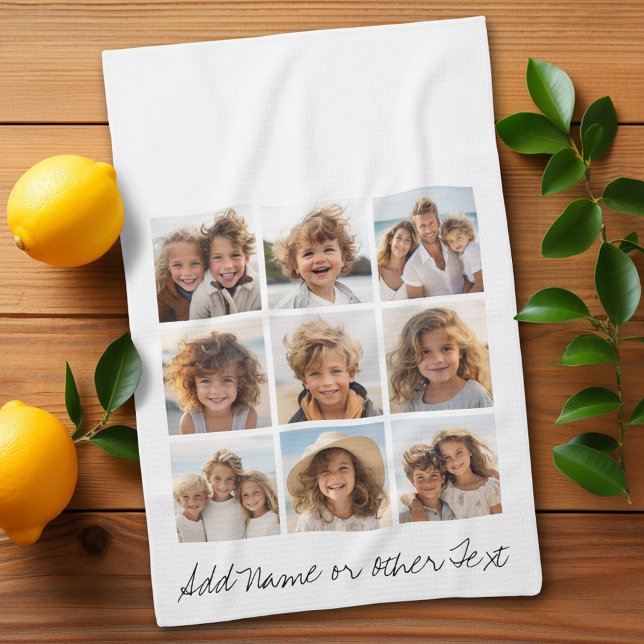 9-kvadratisk fotokollage - svart och vitt kökshandduk (Personalized Kitchen Towel with photos and text - Makes a great gift)