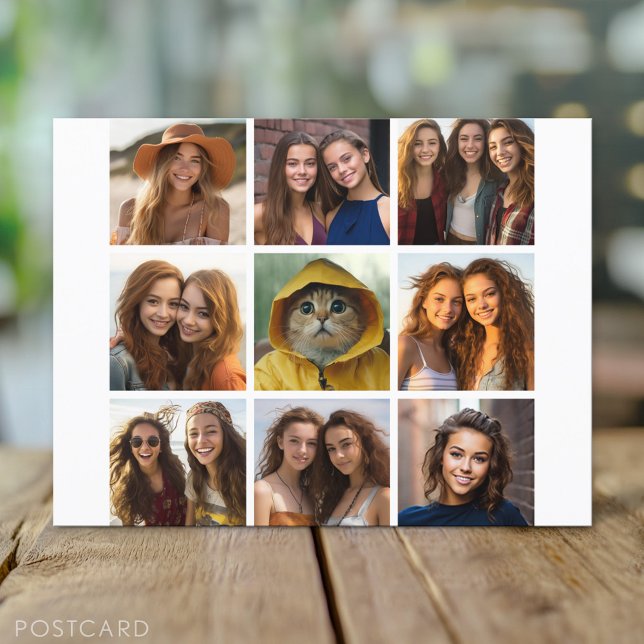 9-kvadratisk fotokollage - svart och vitt vykort (Custom Personalized Photo Collage Postcard)