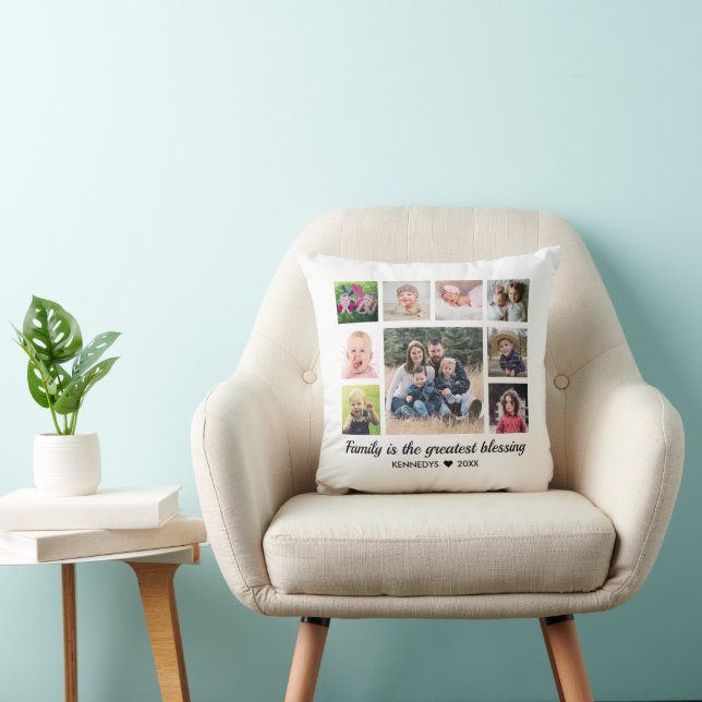 9 Photo Collage Family Quote Monogram Black White Kudde (Stol)