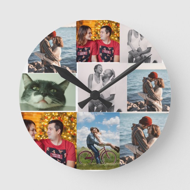 9 Photo Custom Personalized Collage Rund Klocka (Framsida)