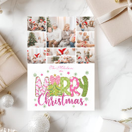 9 Photo Pink Green Bow Tree Merry Christmas Julkort
