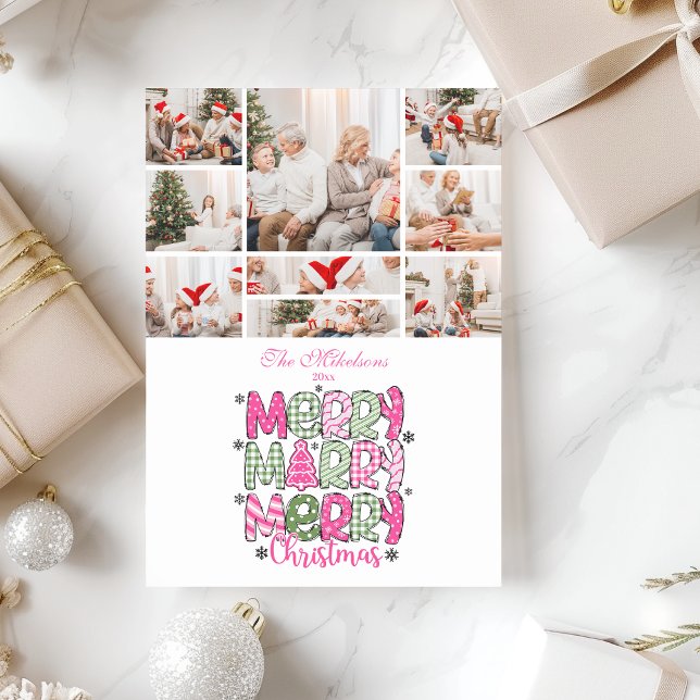9 Photo Pink Green Merry Christmas Holiday Julkort (Skapare uppladdad)