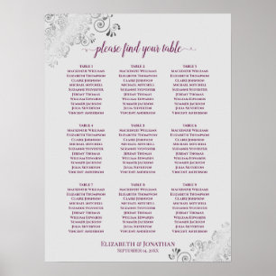 9 sittplatsplan för Bord Bröllop, Cassis Lila och Poster