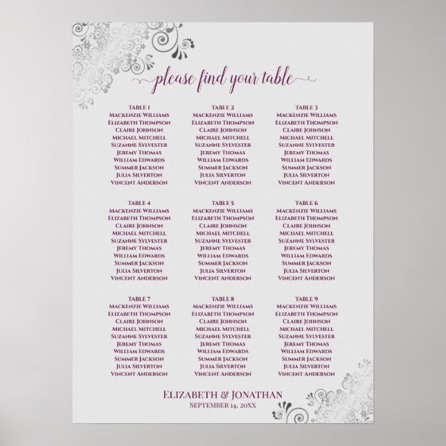 9 sittplatsplan för Bord Bröllop, Cassis Lila och  Poster (Framsidan)