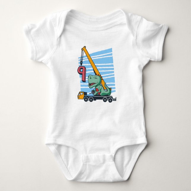 9 years 9th Birthday Mobile Crane Dinosaur T Shirt (Framsida)