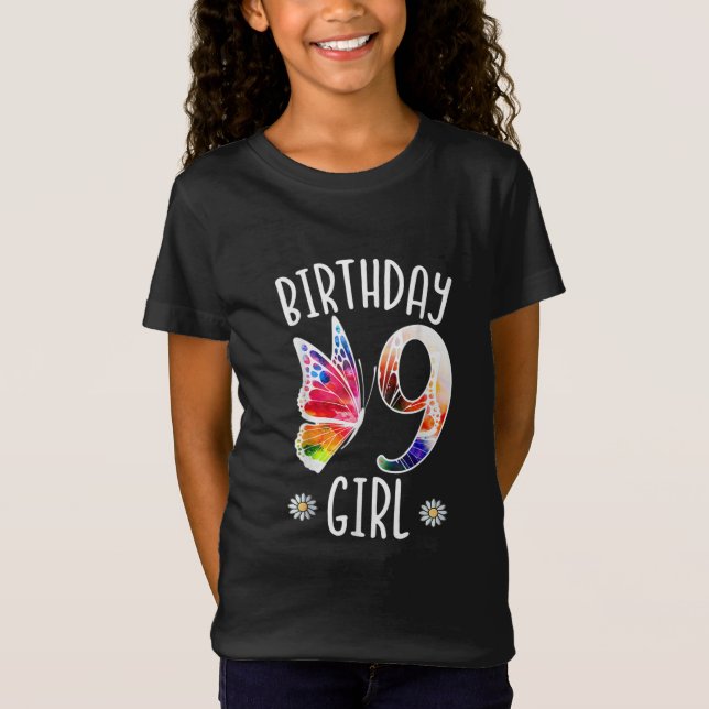 9 Years Old Girls Butterflies 9th Birthday Girl T Shirt (Framsida)