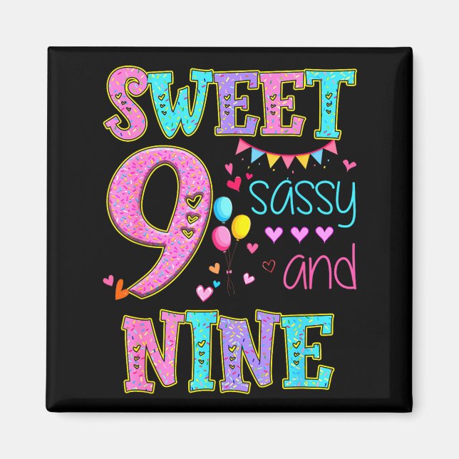 9 Years Old Sweet Sy And Nine Birthday Girl Donut  Magnet (Framsidan)