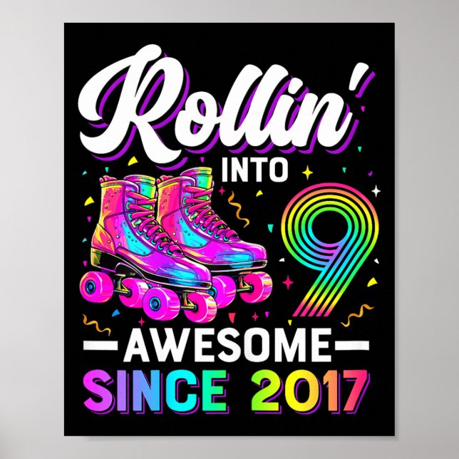 9th Birthday Shirt Girl Nine 9 Year Old Roller Ska Poster (Framsidan)