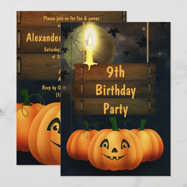 9th födelsedagsfest för lyckliga pumpor inbjudningar (Fram/baksida)