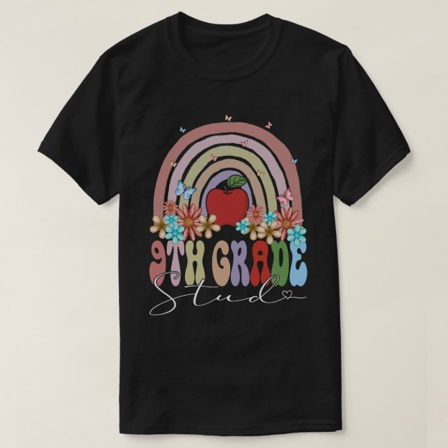 9th Klass Stud Back to school Rainbow Retro Groovy T Shirt (Design framsida)