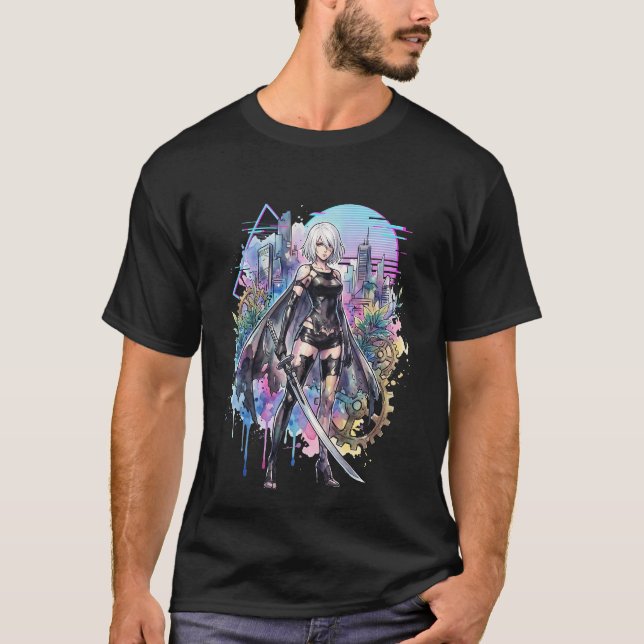 A2 NieR Automata Långt Silver Vitt Hår Skadat Sk T Shirt (Framsida)