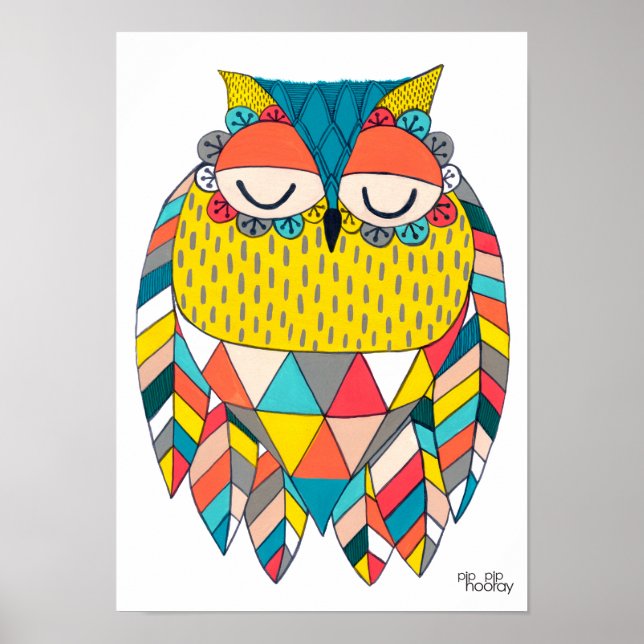 A3 Modern aztec Wise Uggla Kids Art Illustration Poster (Framsidan)