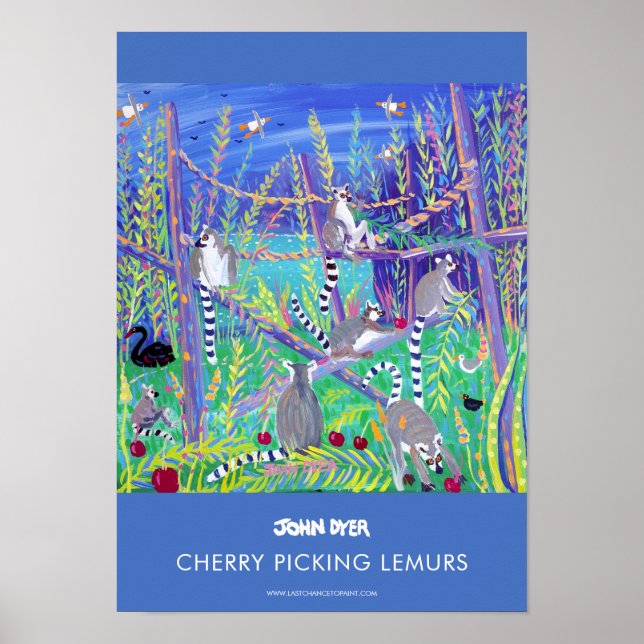 A3 poster av John Dyer. Cherry plockar Lemurs (Framsidan)