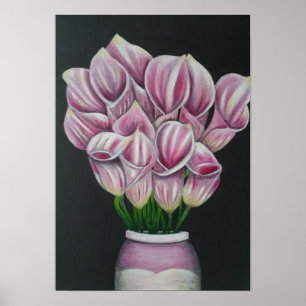 A3 Vackert Rosa Blommor, akrylmålning Skriv ut Poster