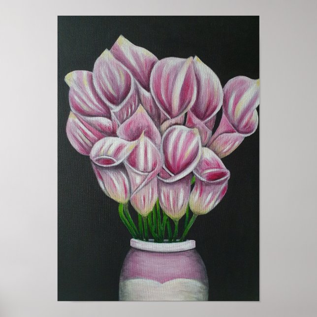 A3 Vackert Rosa Blommor, akrylmålning Skriv ut Poster (Framsidan)