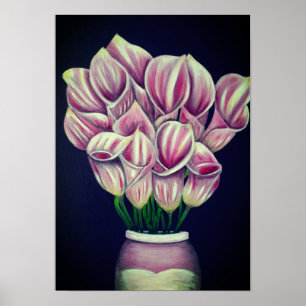 A3 Vackert Rosa Blommor, akrylmålning Skriv ut Poster