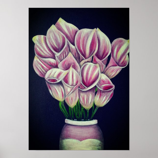 A3 Vackert Rosa Blommor, akrylmålning Skriv ut Poster (Framsidan)