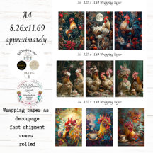 A4 Rooster Collection Inpackningspapper Decoupage