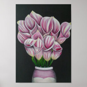 A4 Vackert Rosa Blommor, akrylmålning Skriv ut Poster