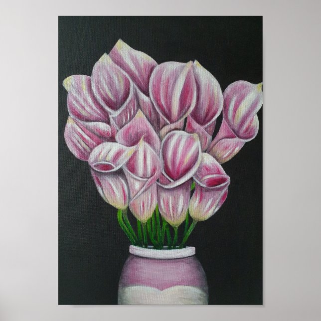 A4 Vackert Rosa Blommor, akrylmålning Skriv ut Poster (Framsidan)