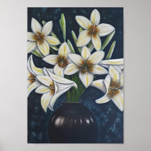A4 Vackvit blommor, akrylmålning Skriv ut Poster
