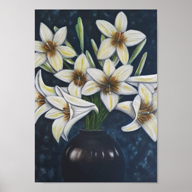 A4 Vackvit blommor, akrylmålning Skriv ut Poster (Framsidan)