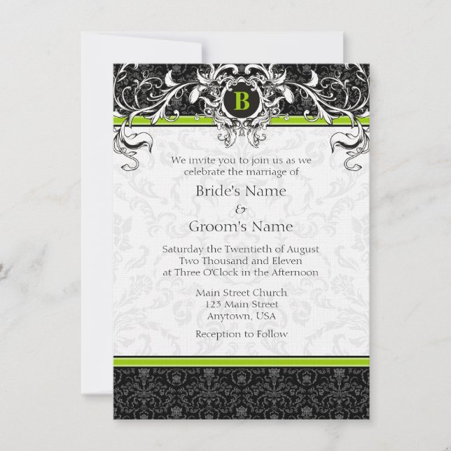 A6 Lime Green Black Damask Monogram bröllopsinbjud Inbjudningar (Framsida)