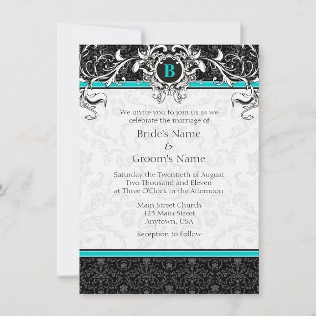 A6 Turcos Black Damask Monogram bröllopsinbjudning Inbjudningar (Framsida)