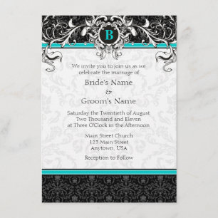 A6 Turcos Black Damask Monogram bröllopsinbjudning Inbjudningar