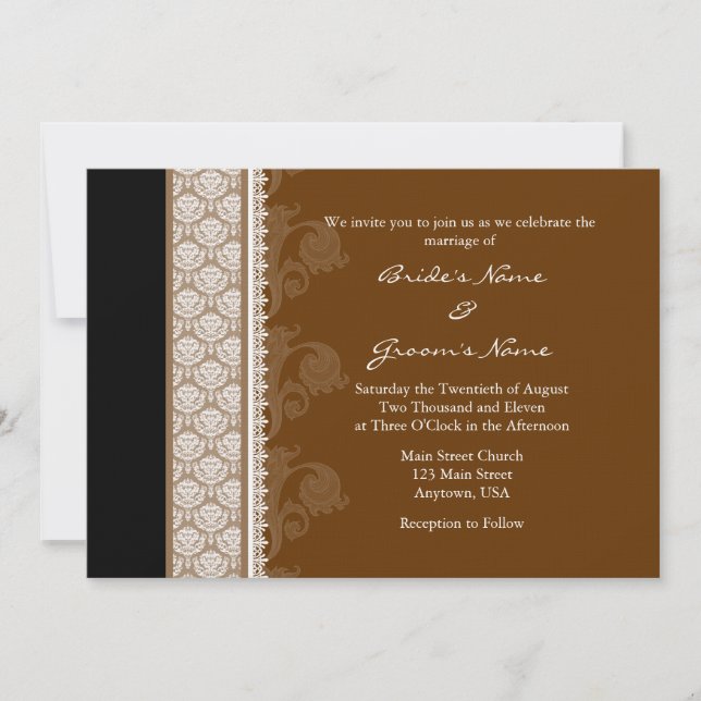 A7 Choklad Brown Damask Wedding Inbjudningar (Framsida)