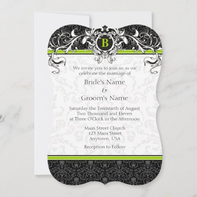 A7 Lime Green Black Damask Monogram bröllopsinbjud Inbjudningar (Framsida)