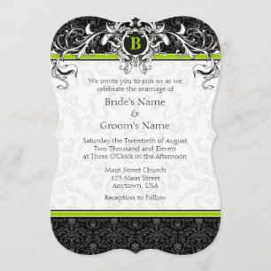 A7 Lime Green Black Damask Monogram bröllopsinbjud Inbjudningar