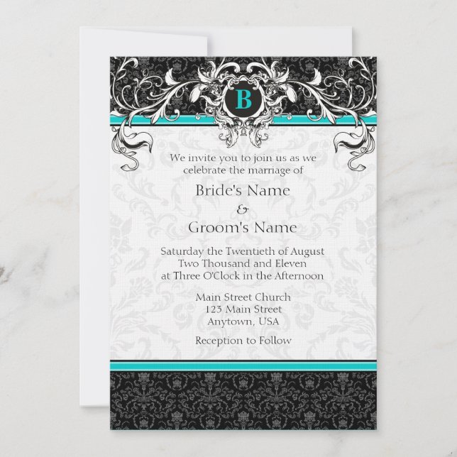 A7 Turocise Black Damask Monogram bröllopsinbjudni Inbjudningar (Framsida)