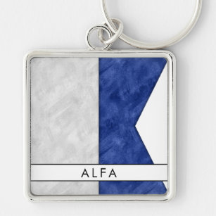 A Alfa/Alfa Nautical Signal Flagga + ditt namn Fyrkantig Silverfärgad Nyckelring