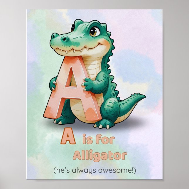 A är för Alligator - Alphabet Nursery Poster (Framsidan)
