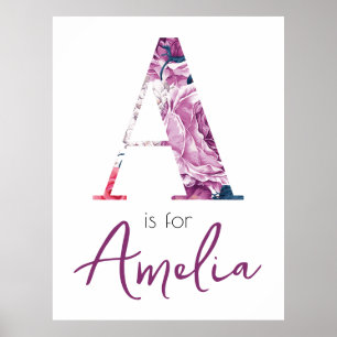A är för Amelia Baby Namn Upptäck Floral Vintage Poster