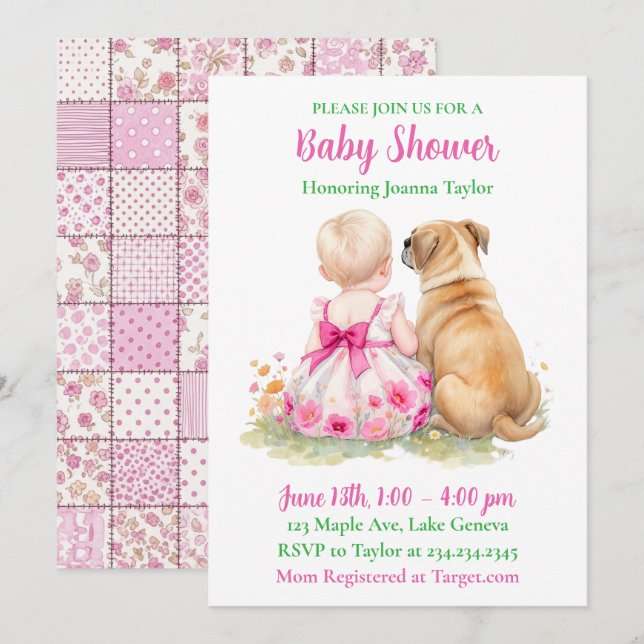 A Baby and Her Dog | Girl's Pink Baby Shower Inbjudningar (Fram/baksida)