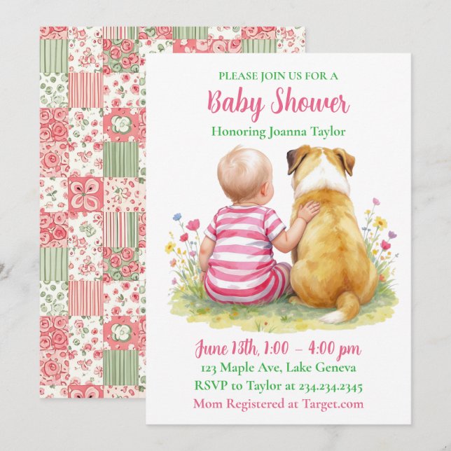 A Baby and Her Dog | Girl's Pink Baby Shower Inbjudningar (Fram/baksida)