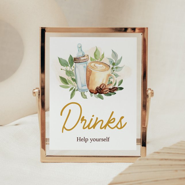 A Baby andas kaffebabyskor. Poster (Bottle and Coffee Baby Shower Drinks Sign)