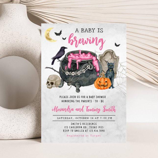 A Baby andas Rosa Halloween Baby Shower Inbjudningar (A Baby is Brewing Pink Halloween Baby Shower Invitation)
