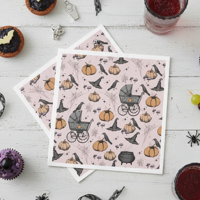 A Baby andas Rosa Victorian Baby Carriage Pappersservett (Pink Gothic Halloween Baby Shower Paper Napkins. Vintage Baby Carriage, Black Raven, Pumpkin & Web)