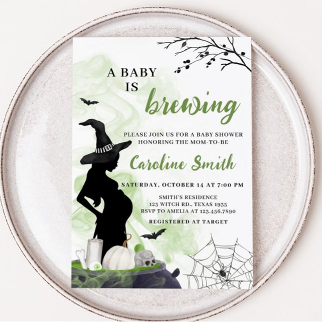 A Baby är Brett Grönt Witch Baby Shower Inbjudningar (Green Witch A Baby is Brewing Baby Shower Invitation)