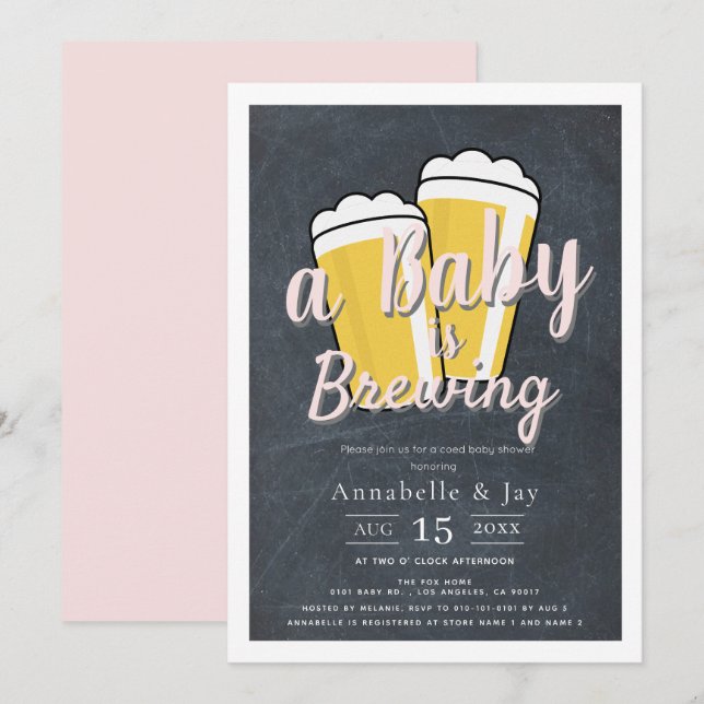A Baby är Brewing Beer Co-ed Rosa Baby Shower Inbjudningar (Fram/baksida)