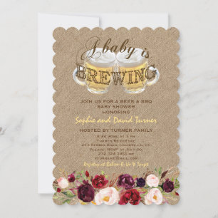 A Baby är BREWING Burlap Flowers BBQ Baby Shower Inbjudningar