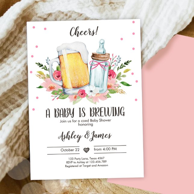 A Baby är Brewing Girl Cheers Coed Baby Shower Inv Inbjudningar (Skapare uppladdad)