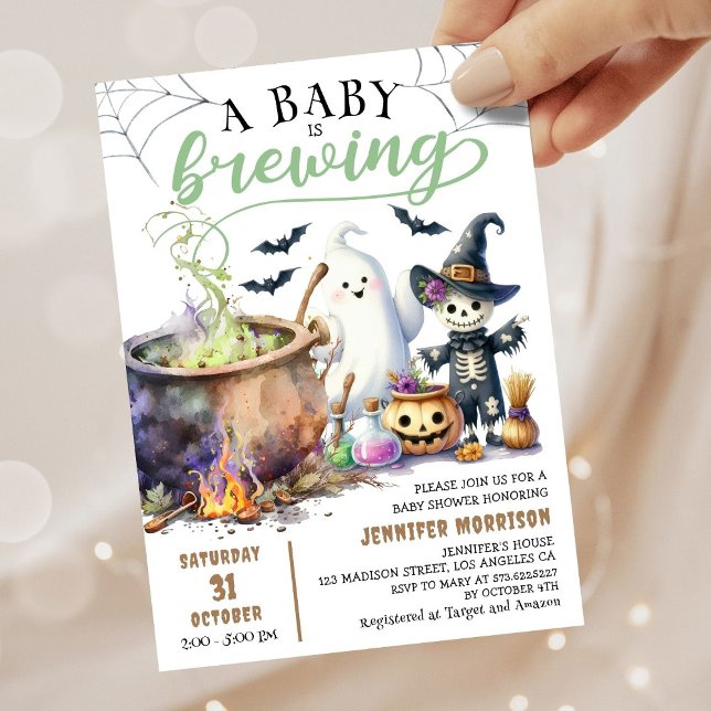 A Baby är Brewing Sage Grönt Halloween Baby Shower Inbjudningar (Skapare uppladdad)