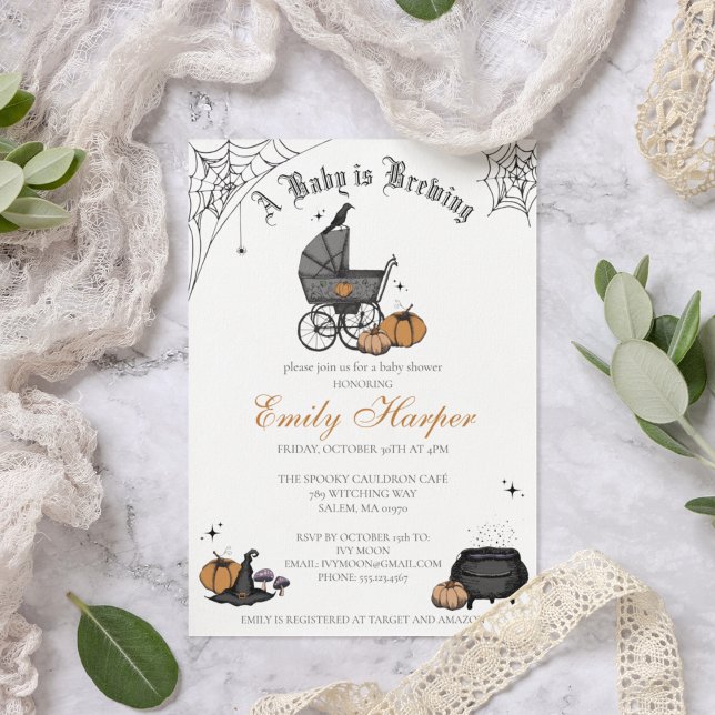 A Baby är en nybörjare för könsneutrala spädbarn Inbjudningar (Elegant and Spooky Hand-Drawn Victorian Baby Carriage Custom Baby Shower Invite in a Crispy White)