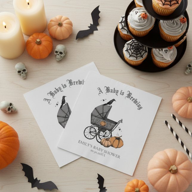 A Baby är en nybörjare för könsneutrala spädbarn Pappersservett (Spooky Vintage Baby Carriage Halloween Baby Shower Napkins in White. Gothic Black Raven and Pumpkins)